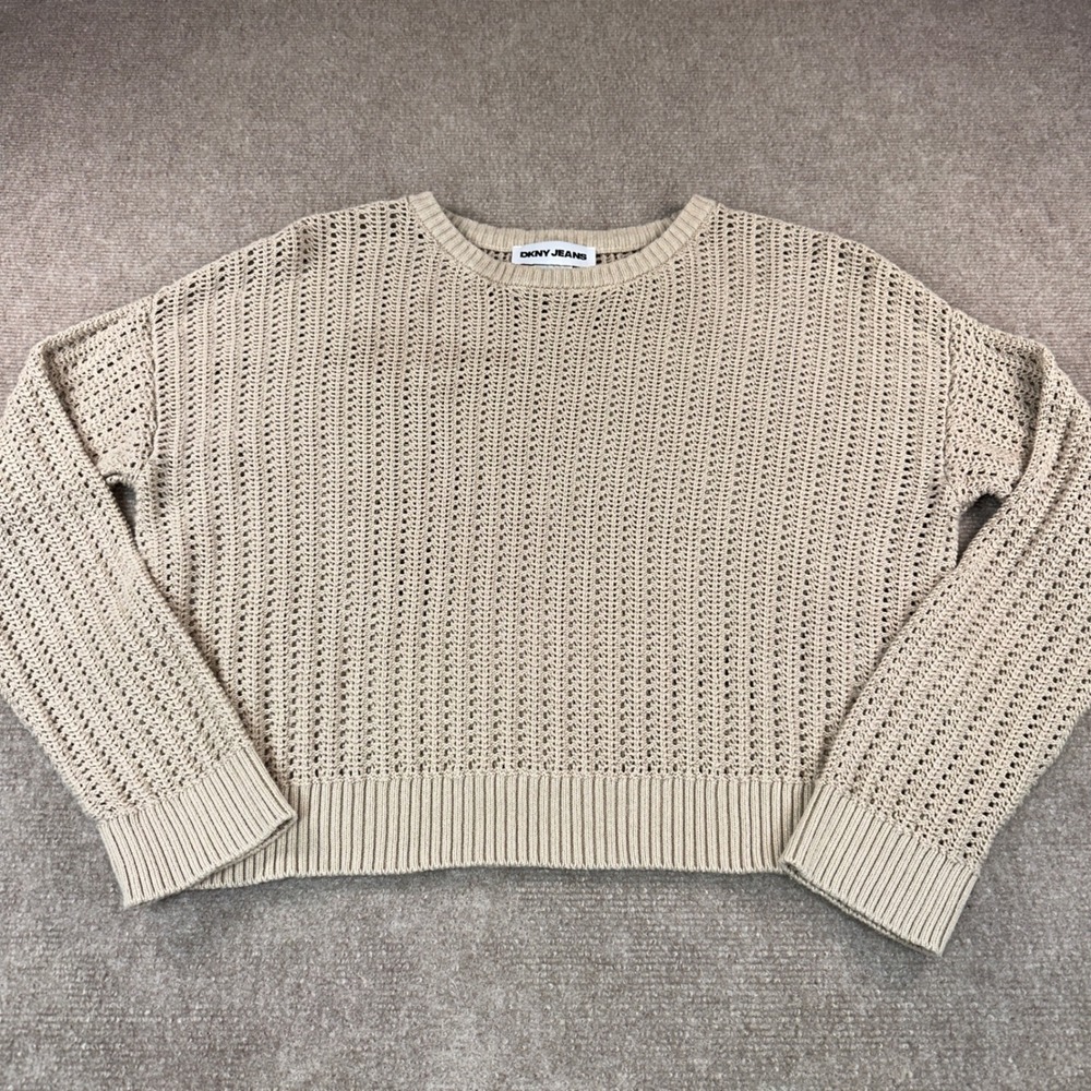 DKNY Jeans Tan Beige Open Knit Cotton Sweater Crew Neck Long Sleeve Medium